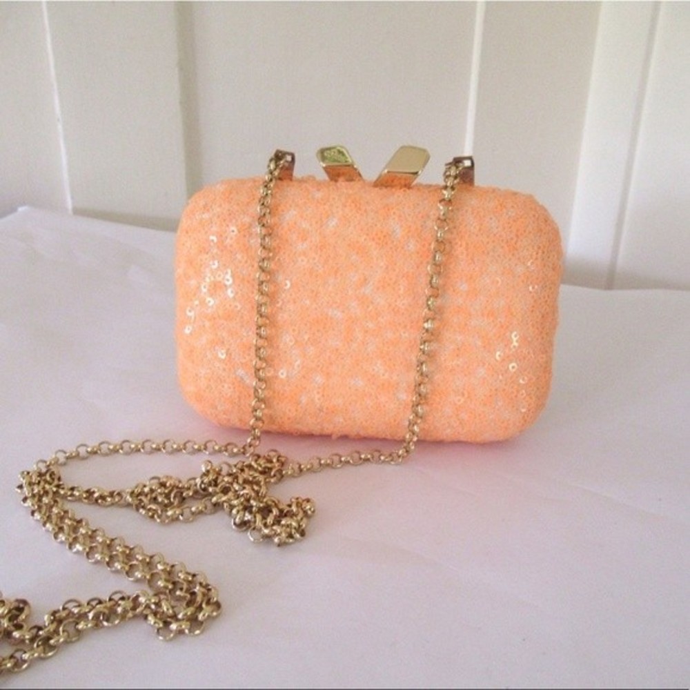Kotur Bright Orange Sequin Clutch With Chain Handbag